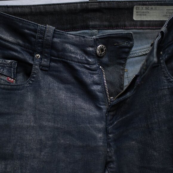 Diesel Grupee Women’s Jeans 26x32 Super Slim Skinny Low Rise Blue Coated Denim - Picture 4 of 14